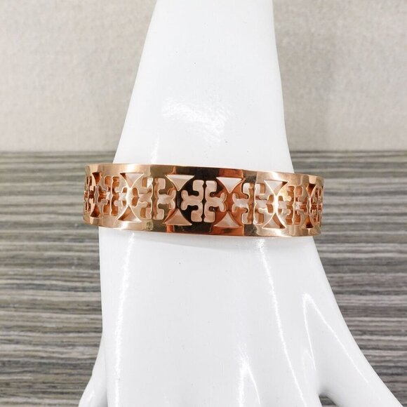 Tory Burch TB Gold Logo Cut out Cuff Bracelet Rose Gold OS - Picture 7 of 12